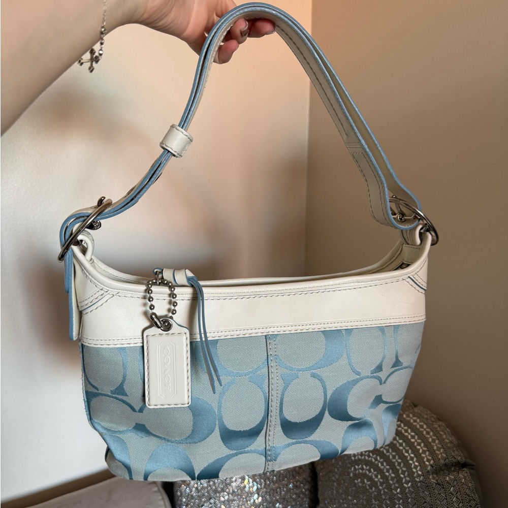 Coach Light Blue and White Signature Jacquard Shoulder Bag